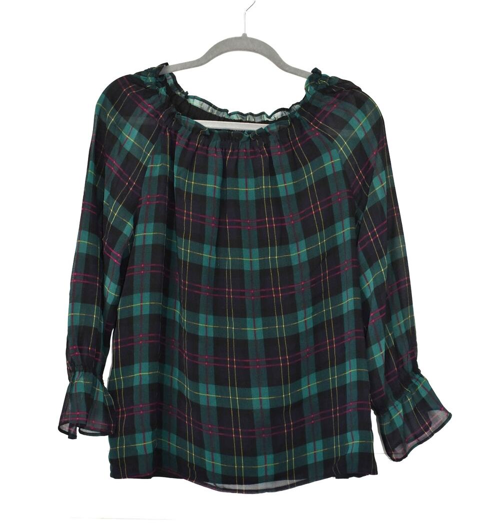 Talbots Top Size Medium Petite Green Plaid Shirt Ruffle Sheer Sleeves Lined